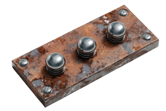 Rusted metal plate with three round knobs