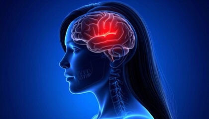Woman's head profile with highlighted brain area, possibly indicating pain, illness, or neurological condition.