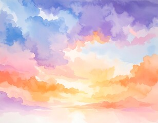 A vibrant watercolor painting of a colorful, dreamy sunset sky with fluffy clouds.