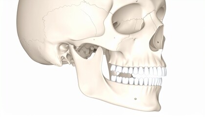 Fototapeta premium Detailed anatomical illustration of a human skull and jaw, highlighting teeth and jaw structure.