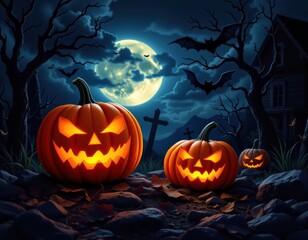 Fototapeta premium Halloween Haunted House Scene with Jackolanterns