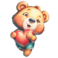 Naklejka premium Charming teddy bear embraces love with a vibrant red heart in a whimsical style