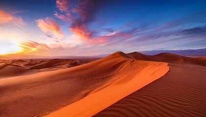 a surreal desert landscape featuring oversized sand dunes under a sky painted in vibrant sunset colors evoking wonder and awe generative ai