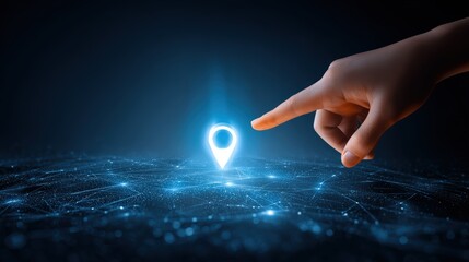 Futuristic hand pointing at digital glowing location marker on virtual map technology concept