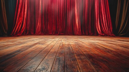 Red velvet stage curtains over wooden floor; theatrical backdrop for performance; use for virtual productions