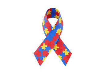 Isolated Autism Awareness Ribbon Symbol Made of Puzzle Pieces in Yellow, Red, and Blue