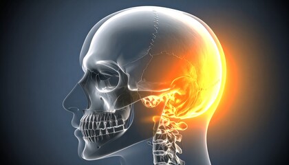 Medical visualization of a human skull with a highlighted area indicating pain or inflammation.