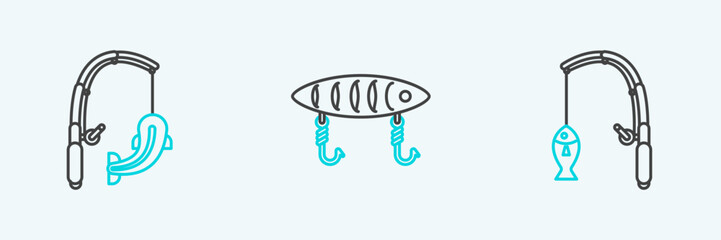 Set line Fishing rod and fish, and lure icon. Vector