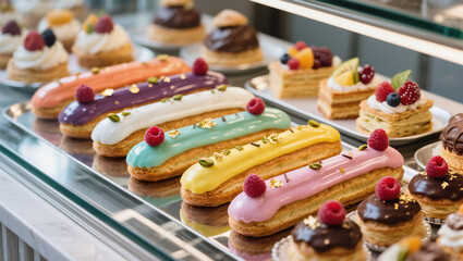 Colorful glazed eclairs and assorted French pastries decorated with berries and gold flakes on a bakery display.