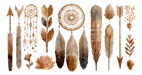 Decorative Boho Elements on Transparent Background
