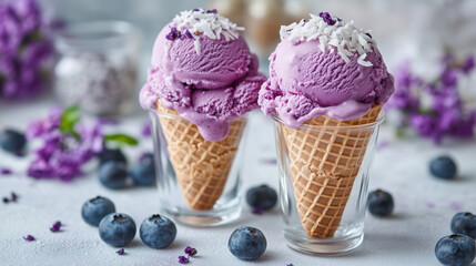 Two ube ice cream cones topped with coconut flakes, placed in glass cups with blueberries and flowers on pastel background.