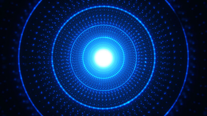 Glowing blue tunnel of particles and rings on dark background. Futuristic abstract sci-fi design with depth and perspective.