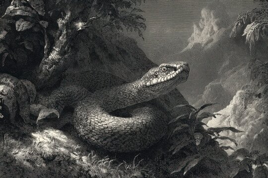 Bronze Snake. The Brazen Serpent Reproduction, Biblical Illustration by Gustave Dore, London 1883