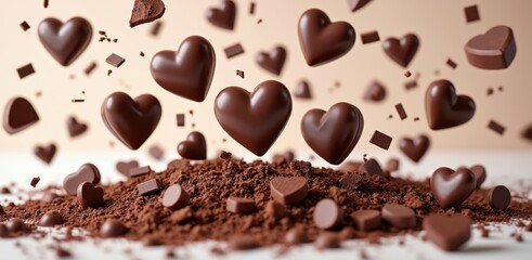 Fototapeta premium Heart shaped chocolates falling into a pile of chocolate shavings