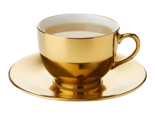 Elegant golden teacup and saucer filled with beverage isolated on transparent background