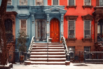 Brooklyn Winter. Colorful Brownstone House with Snow-covered Stoops in New York City