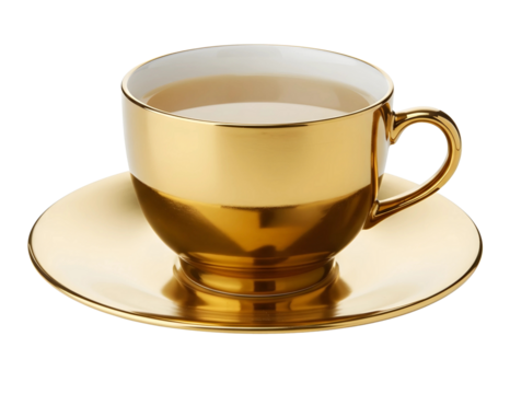 Elegant golden teacup and saucer filled with beverage isolated on transparent background
