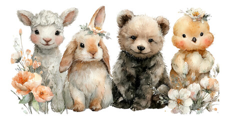 Cute Animals with Flowers on Transparent Background