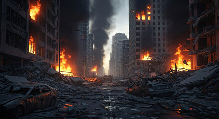 Cityscape in Ruins: Burning Buildings and Debris-Strewn Streets