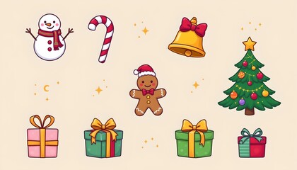 Fototapeta premium Festive Cartoon Christmas Icons Light Beige Background