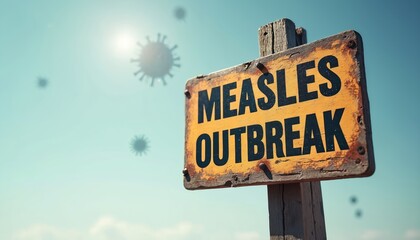 Fototapeta premium Measles outbreak warning signpost with virus particles in artistic presentation against clear blue sky. Selective focus on rusty yellow sign warns of epidemic disease, health alert, need for