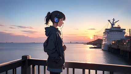 Anime Girl with Headphones Watching Sunset by the Harbor