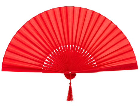 Red folding fan with tassel isolated on transparent background