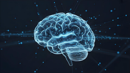 A realistic 3D render of a glowing, blue, digital brain made of intricate neural networks and data points. Isolated on a dark, clean background