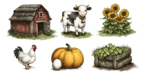 Vintage Farm Elements with Barn, Animals, and Crops