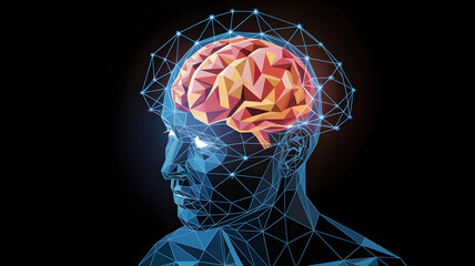 A low-poly 3D rendering of a human head with a glowing, geometric brain inside.