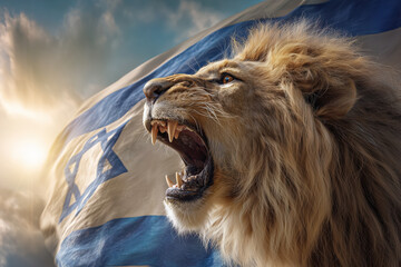 Roaring Lion with Israel Flag Symbolic Christian Art