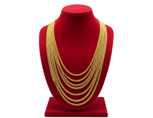 Elegant multi strand gold necklace displayed on a red velvet bust isolated on transparent background