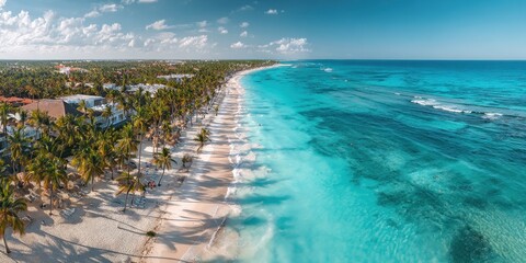Fototapeta premium Cancun Coconut Palm Tree. Aerial Panorama of Tropical Paradise with Palm Trees on White Sandy Beach