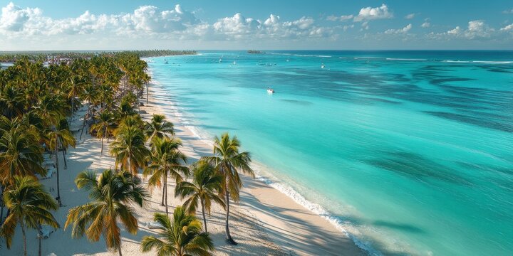 Cancun Coconut Palm Tree. Tropical Island Vacation: Aerial Panorama of Bavaro Beach with Palm Trees and Caribbean Sea