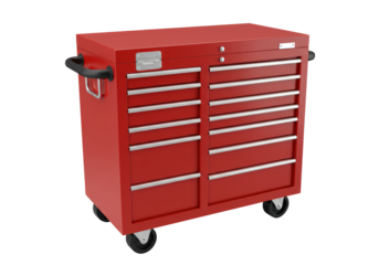 Isolated red rolling tool chest on wheels for storage equipment in the garage workshop