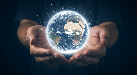 Human Hands Carefully Holding a Brightly Lit Digital Globe Showcasing Global Connectivity and Technology Advancements