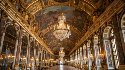 Obraz premium Opulent Palace Interior with Grand Chandeliers and Ornate Baroque Architecture