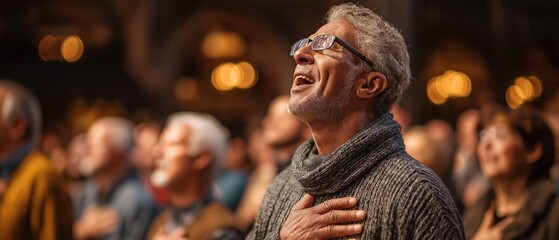 Obraz premium Congregation worshiping with their hands while attending an evangelical church service