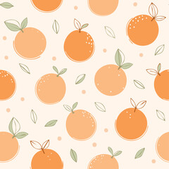Seamless pattern with fresh oranges and green leaves on a light background. Cute, bright and fruity design perfect for textiles, packaging, wallpapers, and summer decor