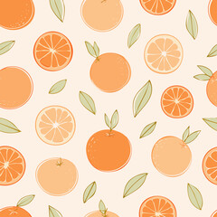 Seamless pattern with fresh oranges and green leaves on a light background. Cute, bright and fruity design perfect for textiles, packaging, wallpapers, and summer decor