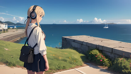 Anime Girl with Headphones Looking at the Ocean