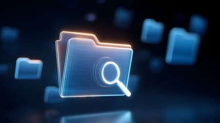 3D magnifying glass searching blue folder icon in digital space, technology, data analysis, cyber security, and file management concept
