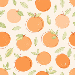 Seamless pattern with fresh oranges and green leaves on a light background. Cute, bright and fruity design perfect for textiles, packaging, wallpapers, and summer decor