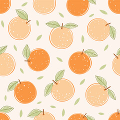 Seamless pattern with fresh oranges and green leaves on a light background. Cute, bright and fruity design perfect for textiles, packaging, wallpapers, and summer decor