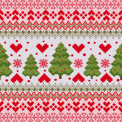 Abstract ethnic pixel art fabric pattern, light green, red, tree, heart, pixelated, christmas for textile, clothes, curtains, carpets, pillows, vector, background and illust