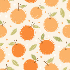 Seamless pattern with fresh oranges and green leaves on a light background. Cute, bright and fruity design perfect for textiles, packaging, wallpapers, and summer decor