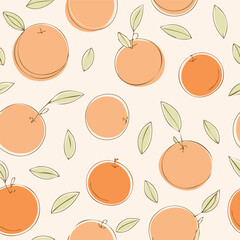 Seamless pattern with fresh oranges and green leaves on a light background. Cute, bright and fruity design perfect for textiles, packaging, wallpapers, and summer decor