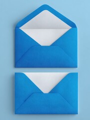 bright blue envelope set with white liner front back open blank empty copy space product mockup template stationery packaging design supply isolated paper mailer invitation greeting card bold vibrant