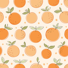 Seamless pattern with fresh oranges and green leaves on a light background. Cute, bright and fruity design perfect for textiles, packaging, wallpapers, and summer decor