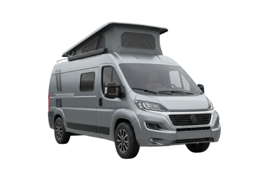 Isolated campervan with pop-up roof tent, recreation vehicle, accommodation car, mobile home